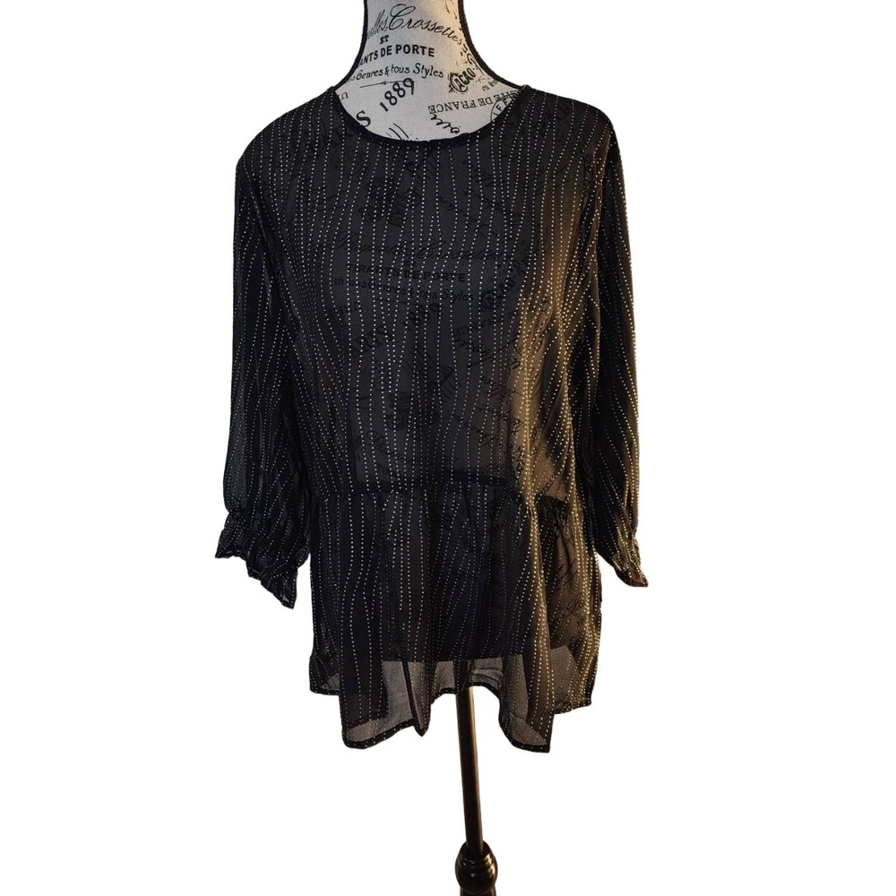American Bling Black Metallic Sheer Peplum Blouse Ruffle Sleeve L NWT